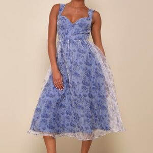 Delightful Impulse Blue Floral Organza Bustier Midi Dress